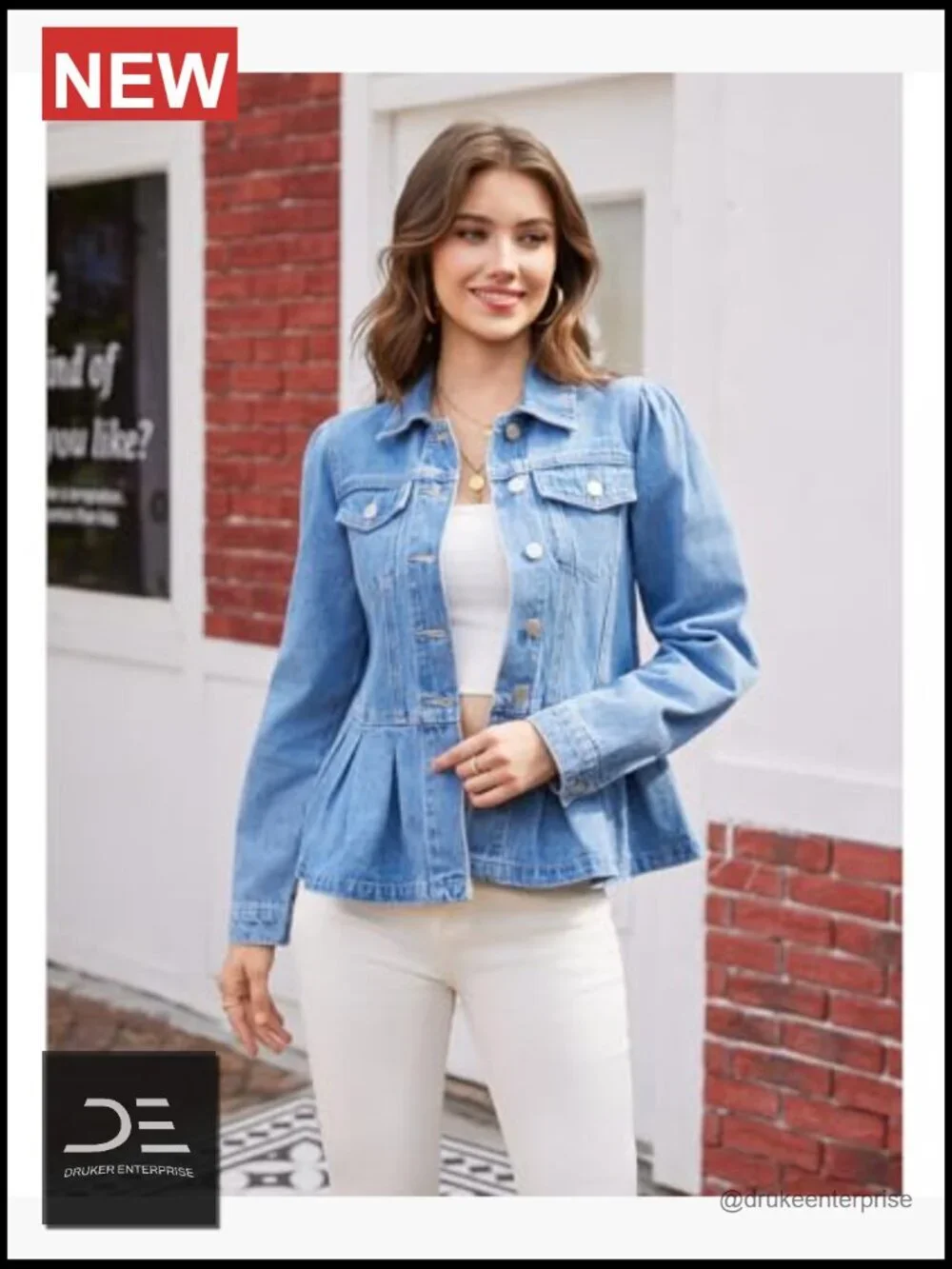 Ruffle Hem Peplum Denim Jacket Puff Sleeve Button Down